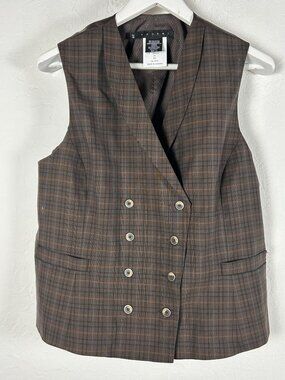 Fourmy Womens Brown Plaid Double-Breasted Vest Wool Blend Size 20 Shawl Collar